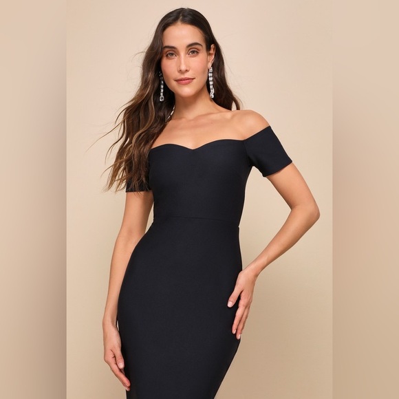 Lulus Midnight Blue Off Shoulder Midi Dress Ponte Knit Trumpet Hem NWT L - Picture 8 of 8